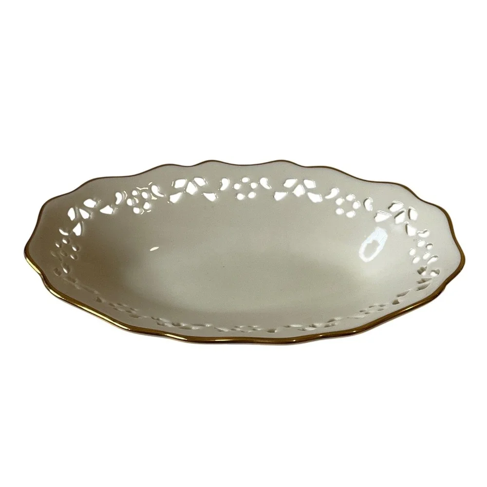 Vtintage Lenox Pierced Oval Trinket Dish 24K Gold Trimmed Fine China Porcelain